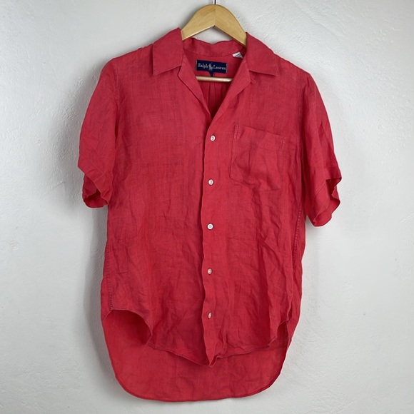 Lauren Ralph Lauren Women's 100% Linen Short-Sleeve Button Up Shirt Size 6 Red - Picture 2 of 12